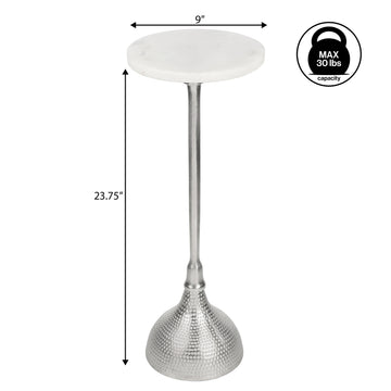 Ava 23.75" Art Deco Contemporary Metal Pedestal Drink Table and Decorative End Table with White Marble Round Top and Hammered Base
